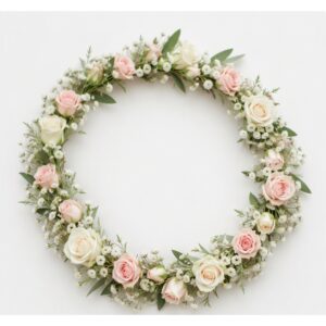 Blomsterkrans till håret med rosa rosor och brudslöja