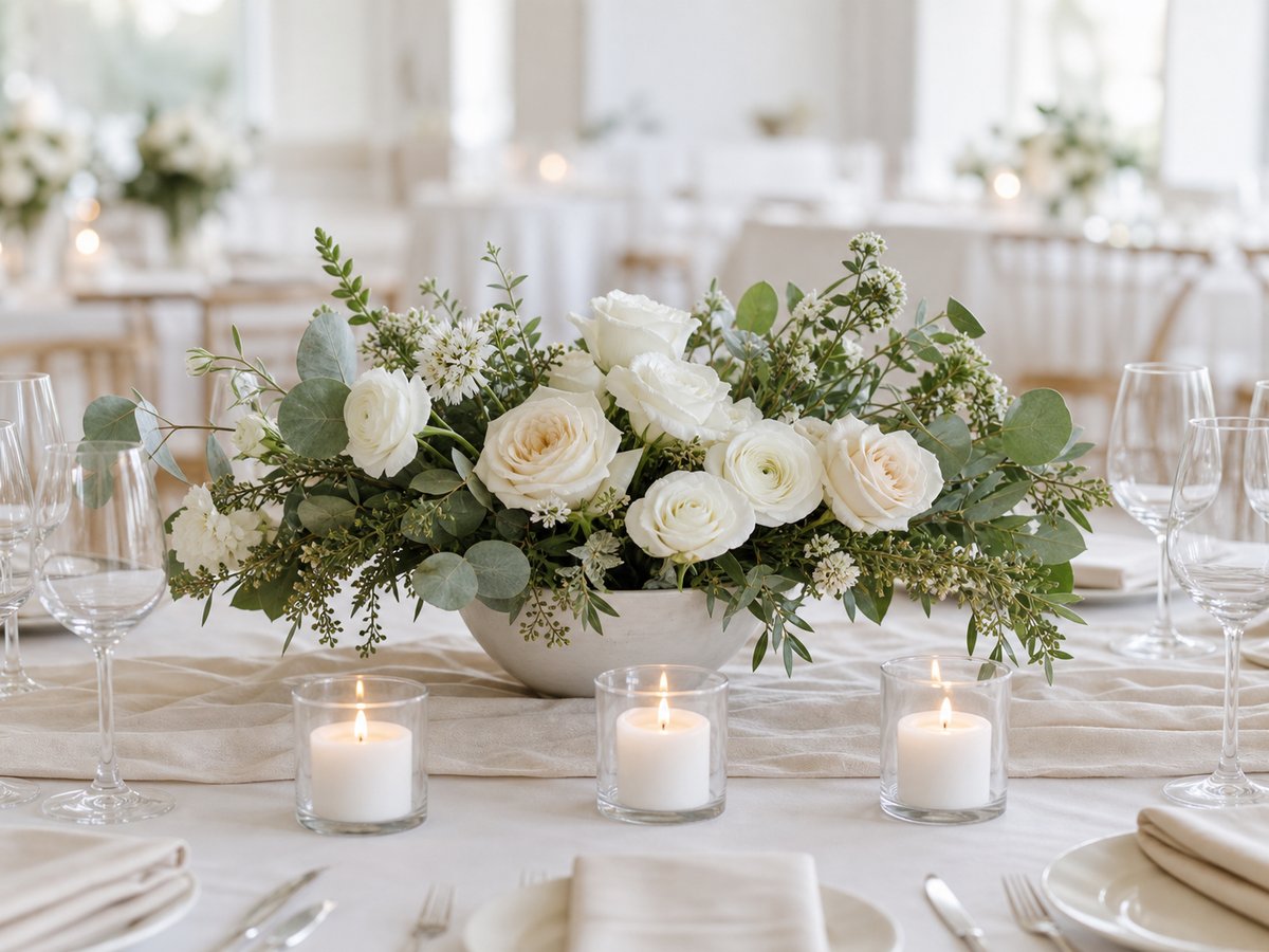 Bordsdekoration med ljus och vita blommor till bröllopsmiddag
