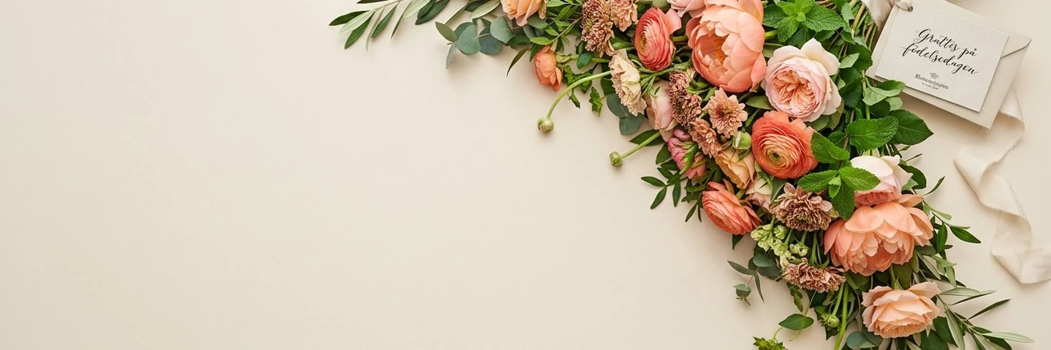 Födelsedagsbukett med persikofärgade rosor och ett kort med texten Grattis på födelsedagen.