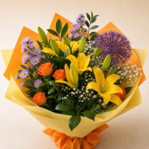 Gul lilja och orange rosor